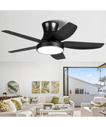 46 Inch Black Flush Mount Ceiling Fan with Light and Remote Control - Black - £100.95 GBP
