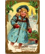 Vintage Christmas Postcard 1914 Little Girl With A Sled And Holly Postma... - £15.03 GBP