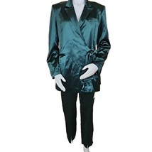Lattelier Satin Blazer Trouser Set Womens M Tie Waist Shiny Green Tuxedo Outfit - £154.28 GBP