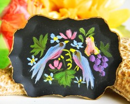 Vintage Birds Fruit Flowers Tole Art Tin Tray Hand Painted Brooch Pin - £15.88 GBP