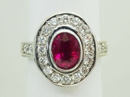 2.22ct tw Natural Ruby Ring &amp; Earth Mined Diamond Halo 18k White Gold Size 6.5 - £7,276.32 GBP