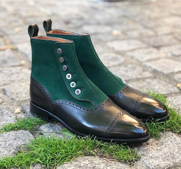 Men Two Tone Green Black High Ankle Cap Toe Genuine Leather Buttons Boot US 7-16