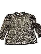 CeCe Floral Puff-Sleeve Top Black  Brown Size Xl Crushed Velvet Keyhole ... - $17.52