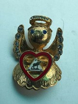 Vintage Goldtone Angel w Clear Rhinestone Accents &amp; Red Heart Enamel w Moose  - £10.43 GBP