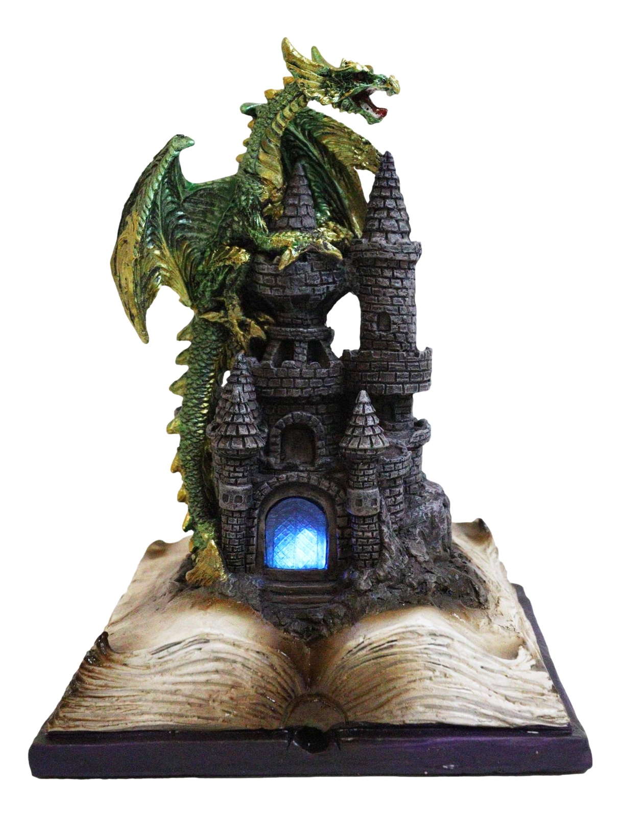 Medieval Green Dragon Perching On LED Castle With Book of Spells Figurine Item image 7