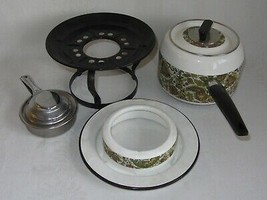 Retro Green Paisley Fancipans Enamel Fondue Pot Set Burner Vintage Porcelain - £28.80 GBP
