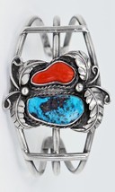 Vicki Orr Vintage Stormy Mountain Turquoise and Branch Coral Navajo Cuff - £314.76 GBP