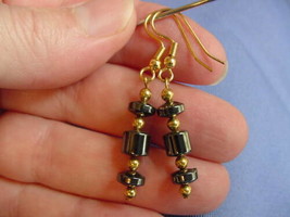 (EE-343) Black hematite three bead beaded gold wire dangle pair EARRINGS iron - £7.50 GBP