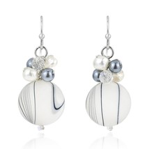 Vibrant White-Silver Pearl and Zebra Pattern Seashell Circle Dangle Earrings - £13.23 GBP