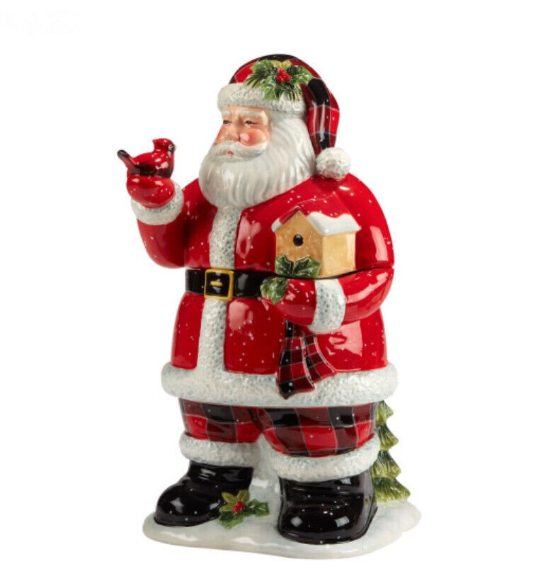 Red Plaid Santa 29038 3D Ceramic Cookie Jar Christmas Lodge 12" H - $52.47