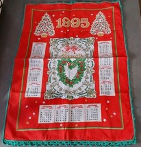 Calendar Tea Towel 1995 Crochet Edge Sewing Crafts Kitchen Christmas Wreath - $21.67