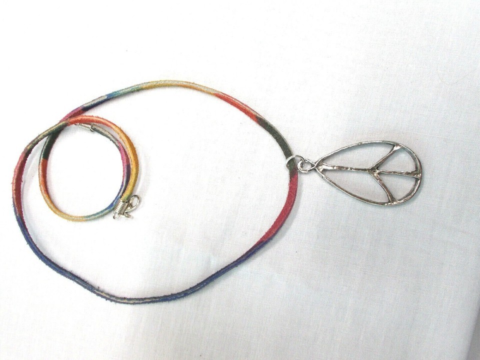 Peace Sign Symbol Rain Drop Vintage Pewter Pendant 22" Rainbow Suede Necklace Item image 2