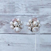 Vintage Clip On Earrings Faux Pearl &amp; Pink Bead Cluster - $14.99