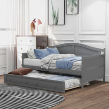 Twin Wooden Daybed with Trundle Bed, Sofa Bed for Bedroom - Gray - £268.10 GBP