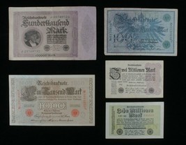 1908-1923 Germany 5-Notes Set 2 German Empire and 3 Weimar Republic Marks - $49.49