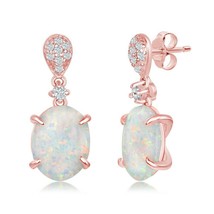Rose Gold Plated Sterling Silver Micro Pave CZ Oval White Opal Dangling Earrings - £40.80 GBP