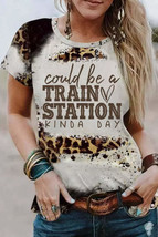 Brown Train Station Graphic Leopard Print T Shirt - $15.99