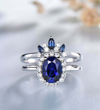 3ct Oval Simulated Blue Sapphire White 925 Sterling Silver Bridal Set Ring - £61.47 GBP