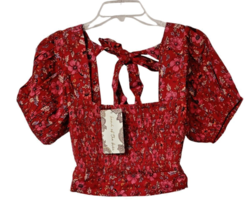 Band of the Free BOG Crop Top Womens Small Red Floral Boho Tie Back Smocked - $20.57