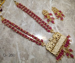 Kundan Meena Pink Beaded Pearls Jewelry Set Elephant Pendant Necklace Earring - £39.26 GBP