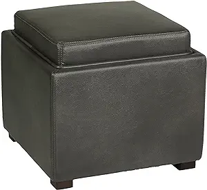 Cortesi Home Mavi Grey Wood Top Tray Storage Cube Ottoman in Bonded Leather - $296.99