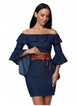 Jean denim ruffled belted dress small nwot - $219.41 MXN