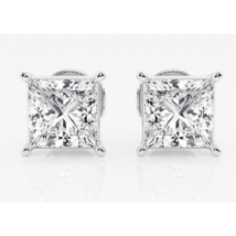 Certified Moissanite 3Ct Princess Cut Solid Stud Earrings 14K White Gold 6.5mm - £219.07 GBP