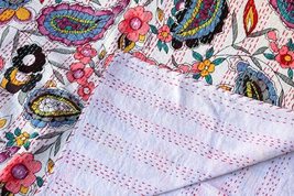 Handmade Feb India Floral Cotton Kantha Bed Cover Hand Block Print Kantha Bed Co - £38.36 GBP+