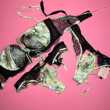 Victoria&#39;s Secret Designer 32D Bra Set Xs Panty Fantasy Island Green Black Silk - £94.42 GBP