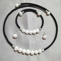 Freshwater  Black Flannel Jewelry Set for Women Natural  Necklace Bracelet White - £16.73 GBP