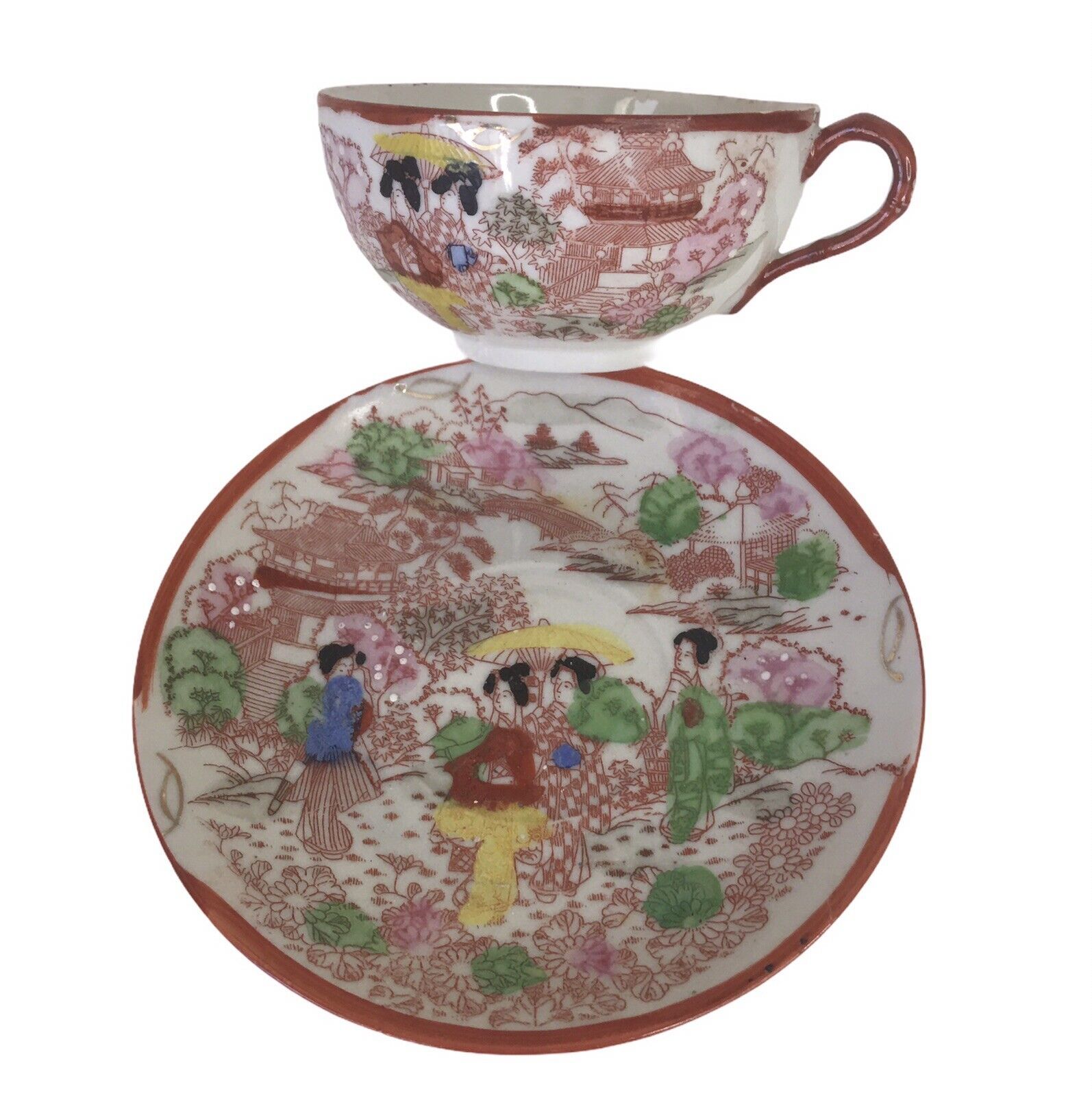 Primary image for Vintage Geisha Girls Delicate Bone China Tea Cup Saucer Set Hand Painted Japan 