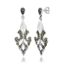 Vintage Elegance White Pearl and Marcasite Sterling Silver Post Dangle Earrings - £16.05 GBP