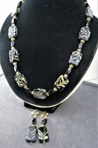 Vintage Art Glass Necklace Earrings Set Black Olive Rectangular Beads Cl... - £19.67 GBP