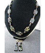 Vintage Art Glass Necklace Earrings Set Black Olive Rectangular Beads Cl... - $34.28 CAD