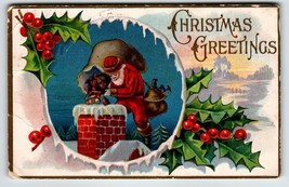 Christmas Postcard Santa Claus On Home Roof Chimney Toy Sack 1909 Santway 101 - £12.63 GBP