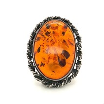 Vintage Sterling Silver Chunky Baltic Amber Stone Cabochon Ring Band size 7 1/2 - £46.66 GBP