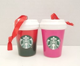 Starbucks 2021 Holiday Christmas Ornaments Pair Pink &amp; Dark Green/Red - £11.67 GBP