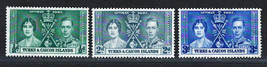 TURKS &amp; CAICOS ISLANDS 1937 VF Mint NG STAMPS Scott # 75-77 &quot; CORONATION... - £1.33 GBP