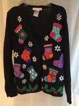 Victoria Jones Black Christmas Sweater Cardigan Stockings Snowflakes Holly M - £9.49 GBP