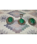 Mexico Taxco Sterling Silver 925 Malachite Pendant Clip On Big Earrings ... - $265.00