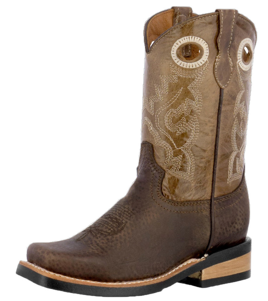 Kids Unisex Genuine Leather Cowboy Boots Dark Brown Square Toe Casual Si... - $54.44
