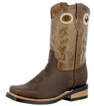 Kids Unisex Genuine Leather Cowboy Boots Dark Brown Square Toe Casual Si... - $54.44