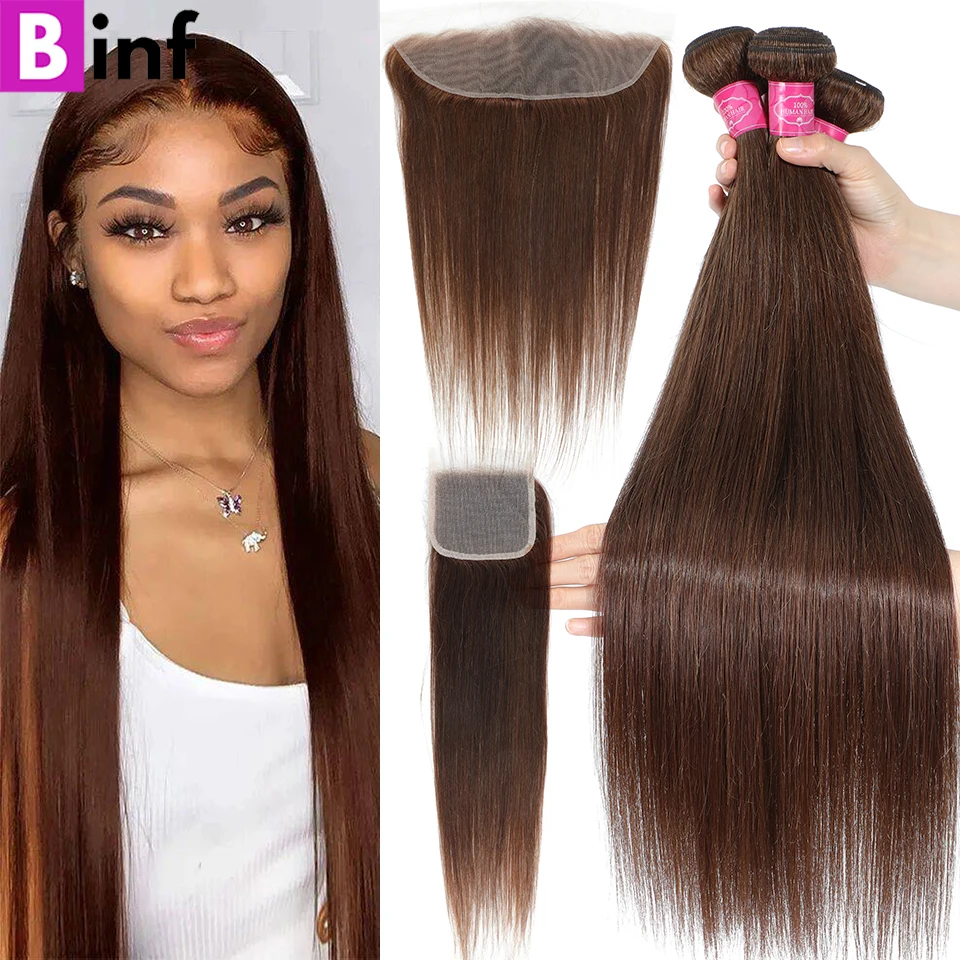 12A 30 32&quot;Inch #4 Colored Bundles With Closure Straight Brazilian Human Hair - £91.63 GBP+