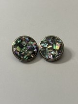 Vintage Sterling Abalone Chip Inlay Mosaic Clip Earrings Signed - £22.48 GBP