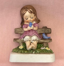 Vintage porcelain figurine girl with blue birds on bench Treasure Masters Korea - £3.12 GBP