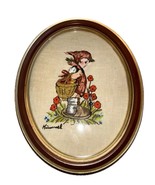 VINTAGE Oval Hummel Girl Flowers 13x10&quot; Needlepoint Crewel Framed Art Ha... - $25.86 CAD