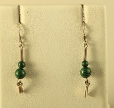 Vtg Sterling Silver Signed 925 Beaded Malachite stone Drop Dangle Hook Earrings - $37.62