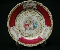 Old Vintage 6&quot; Bread &amp; Butter Plate Victorian Scene Maroon Trim Scallope... - £10.05 GBP