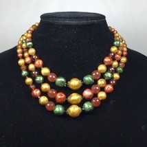 Vintage Signed STAR Triple Strand Necklace Earth Tones Green Yellow Orange Brown - $37.00