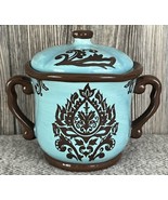 222 Fifth DAMASK Brown &amp; Turquoise Blue Sugar Bowl With Handles And Lid - £16.61 GBP